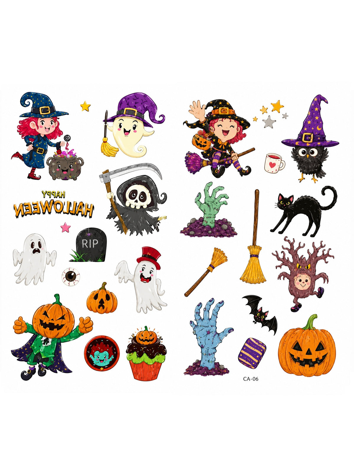 Tatouages éphémères Halloween CX 05-06 – Lot 2 planches – Fantômes Citrouilles Sorcières
