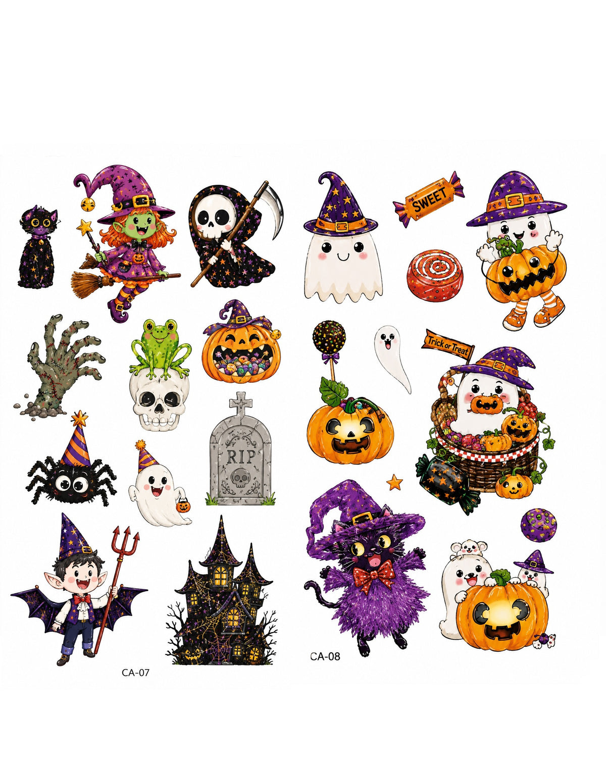 Tatouages éphémères Halloween CX 07-08 – Lot 2 planches – Fantômes Citrouilles Sorcières