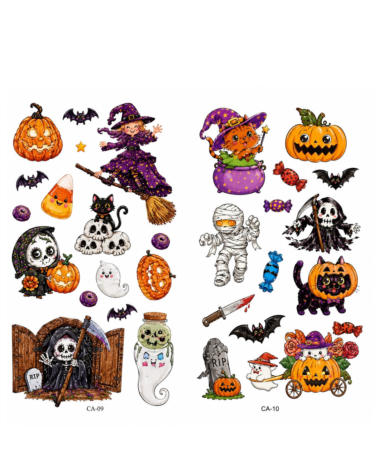 Tatouages éphémères Halloween CX 09-10 – Lot 2 planches – Citrouilles Sorcières Fantômes