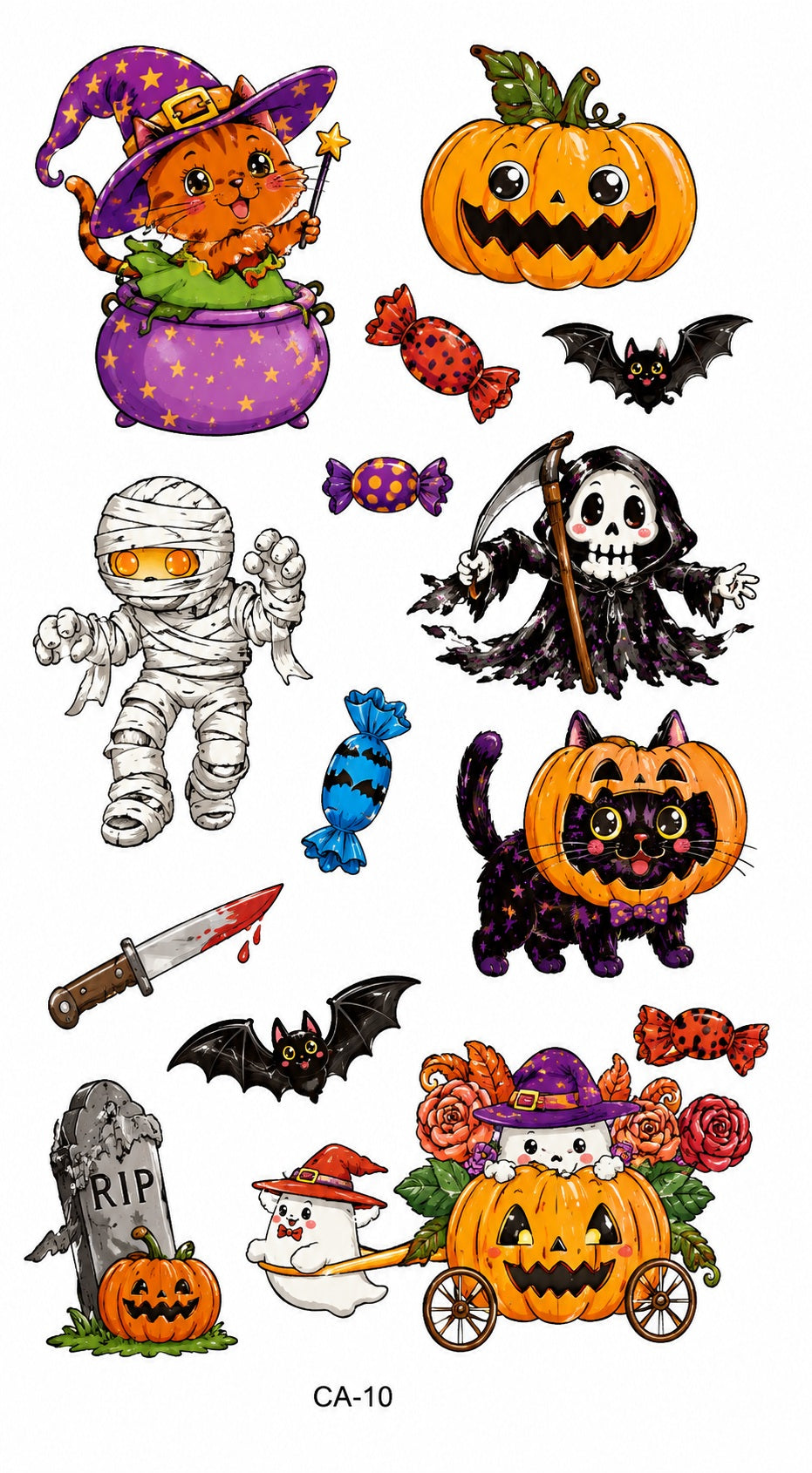 Tatouages éphémères Halloween CX 09-10 – Lot 2 planches – Citrouilles Sorcières Fantômes