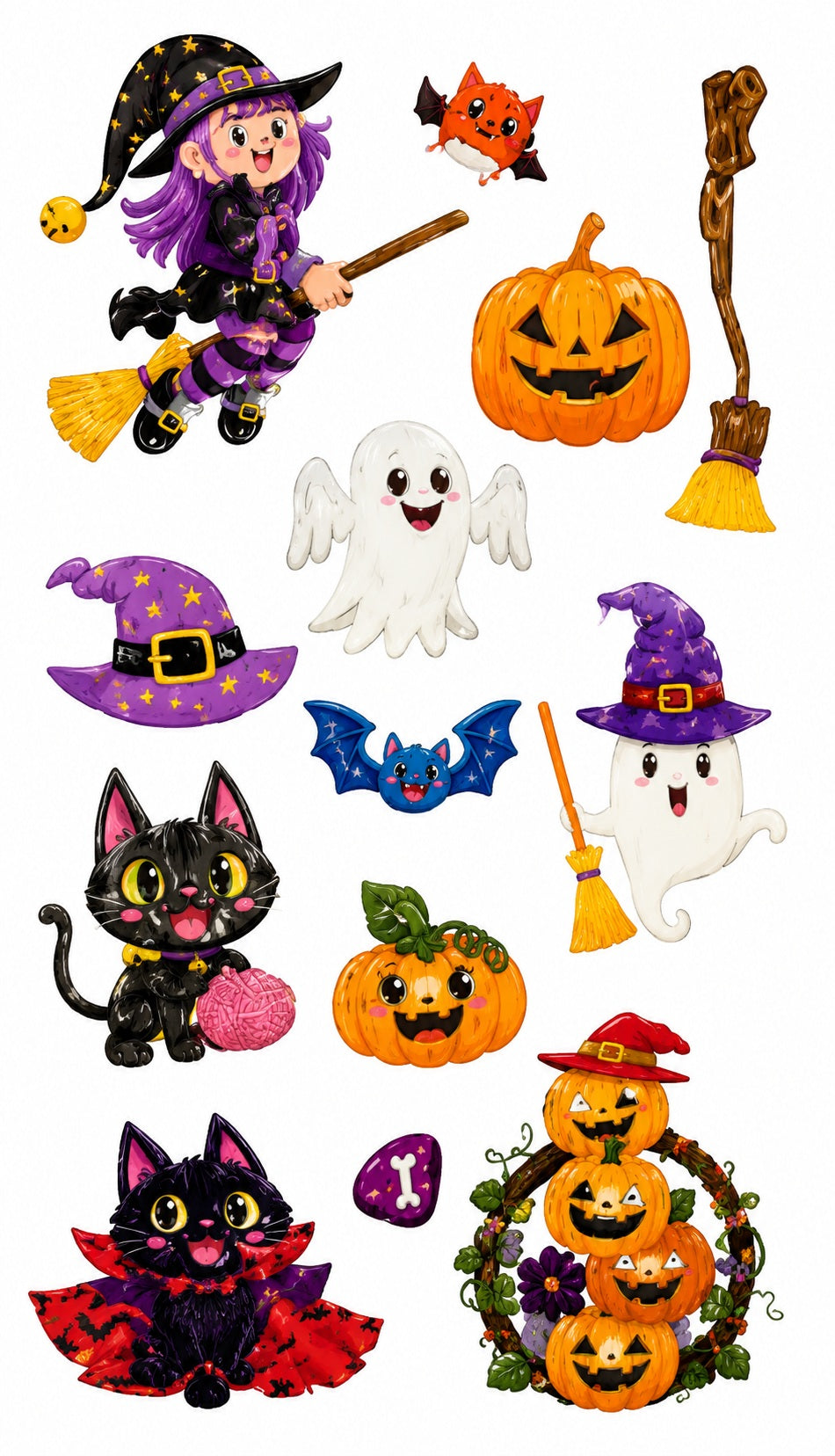 Tatouages éphémères Halloween CX 01-02 – Lot 2 planches – Sorcières Chats Fantômes