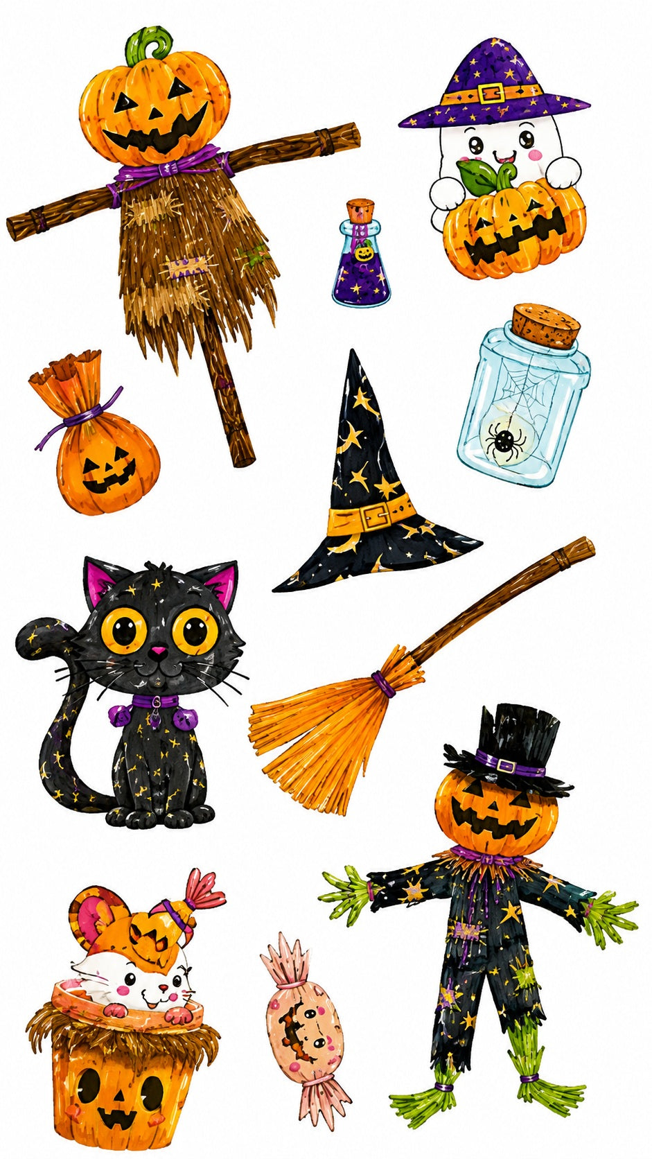 Tatouages éphémères Halloween CX 03-04 – Lot 2 planches – Citrouilles Sorcières Chats