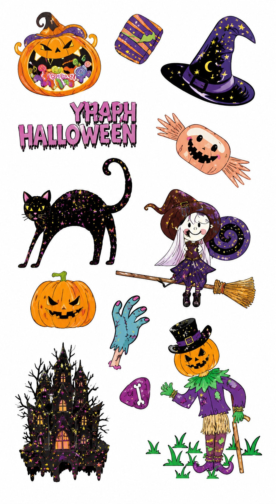 Tatouages éphémères Halloween CX 03-04 – Lot 2 planches – Citrouilles Sorcières Chats