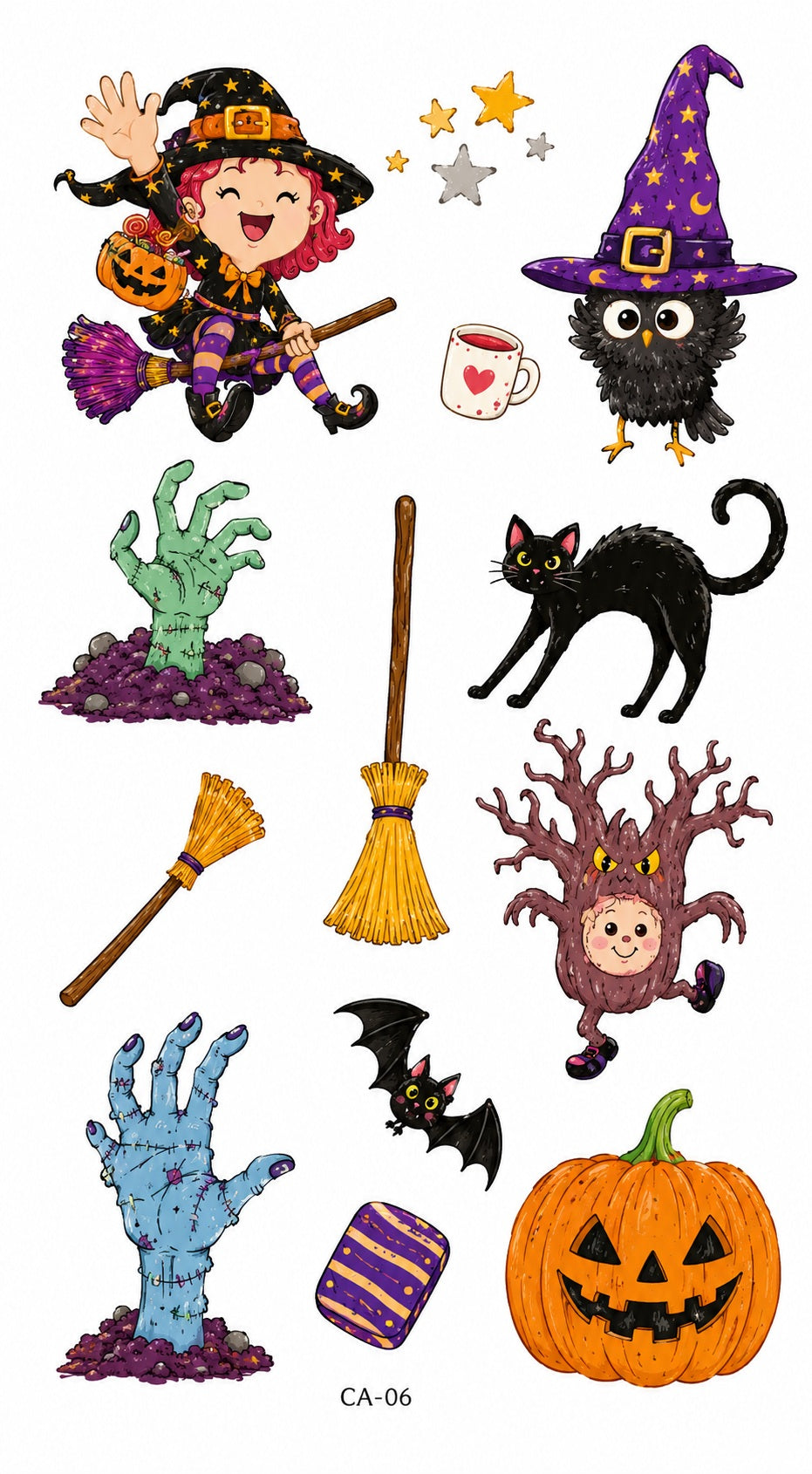 Tatouages éphémères Halloween CX 05-06 – Lot 2 planches – Fantômes Citrouilles Sorcières