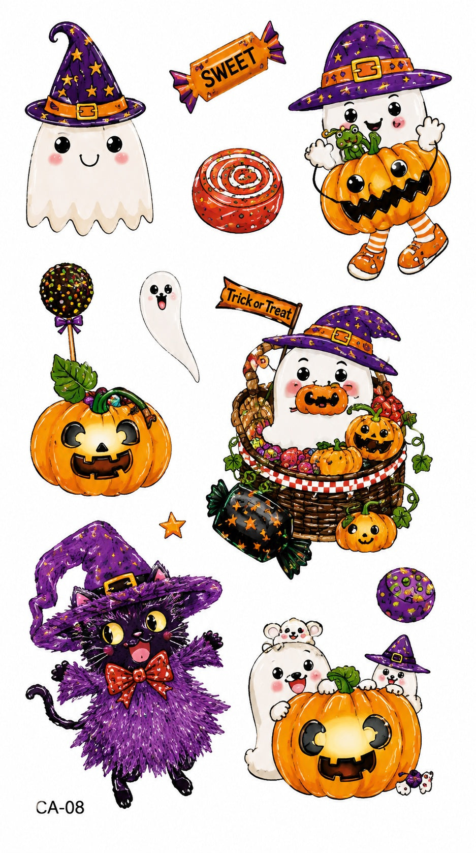 Tatouages éphémères Halloween CX 07-08 – Lot 2 planches – Fantômes Citrouilles Sorcières