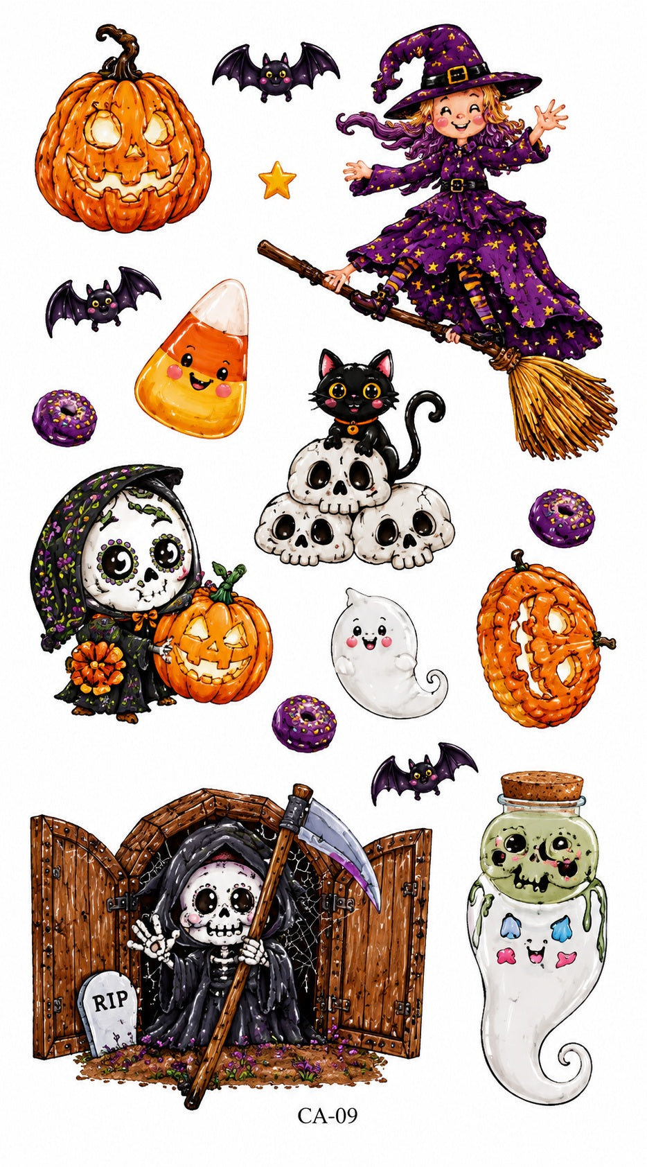 Tatouages éphémères Halloween CX 09-10 – Lot 2 planches – Citrouilles Sorcières Fantômes