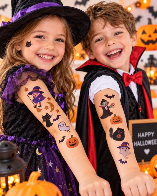 Tatouages éphémères Halloween CX 01-02 – Lot 2 planches – Sorcières Chats Fantômes