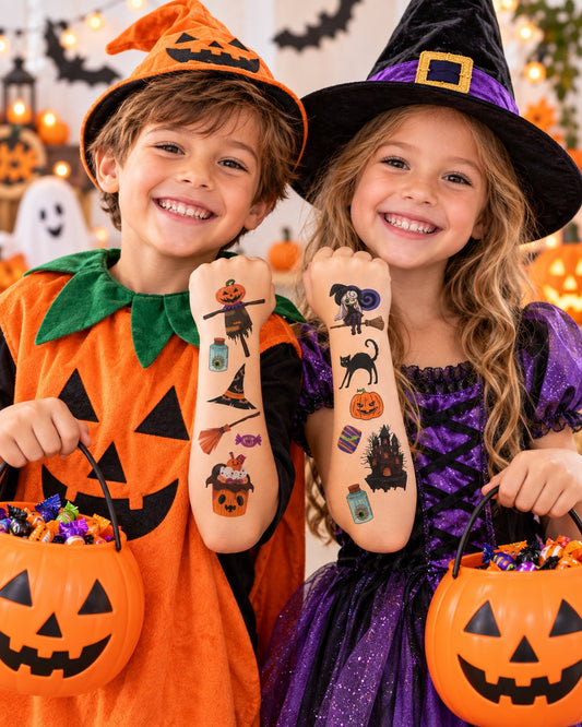 Tatouages éphémères Halloween CX 03-04 – Lot 2 planches – Citrouilles Sorcières Chats