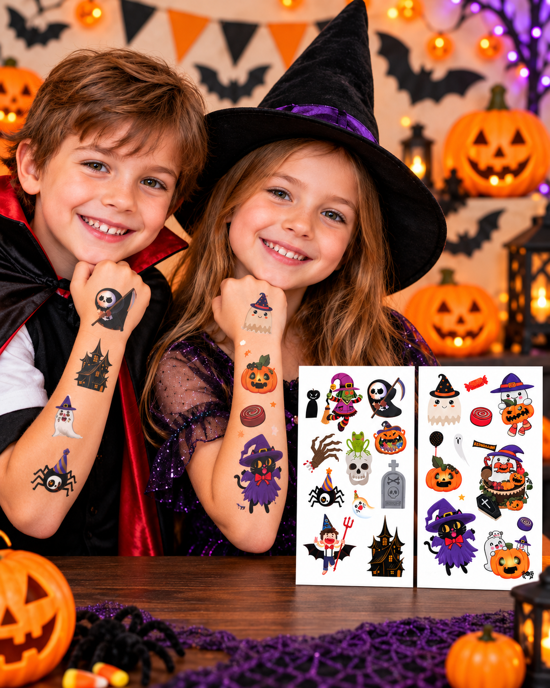 Tatouages éphémères Halloween CX 07-08 – Lot 2 planches – Fantômes Citrouilles Sorcières