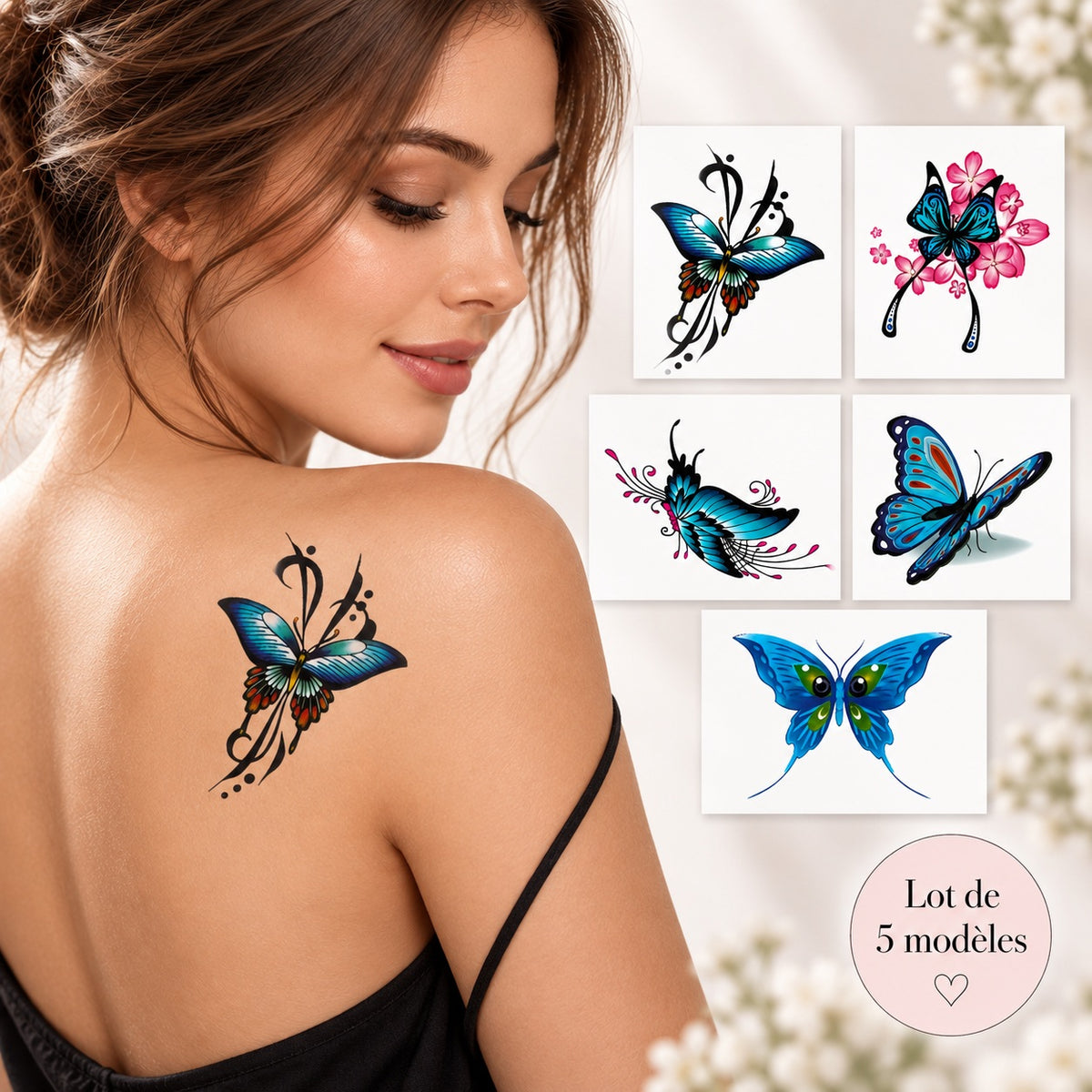 Lot de 5 tatouages éphémères Papillons – Bleu & Turquoise