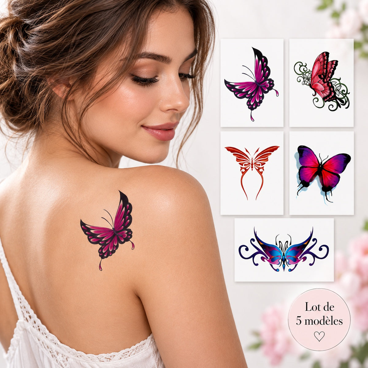 Lot de 5 tatouages éphémères Papillons – Rose & Mauve