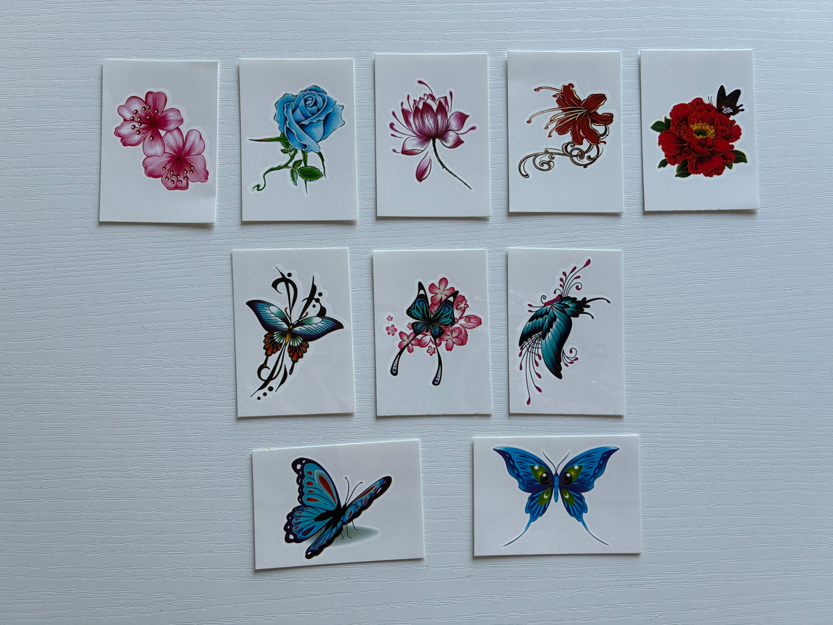 Lot de 10 tatouages éphémères Papillons & Fleurs colorés