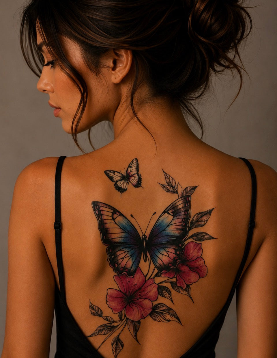 Tatouage éphémère papillon et fleurs roses