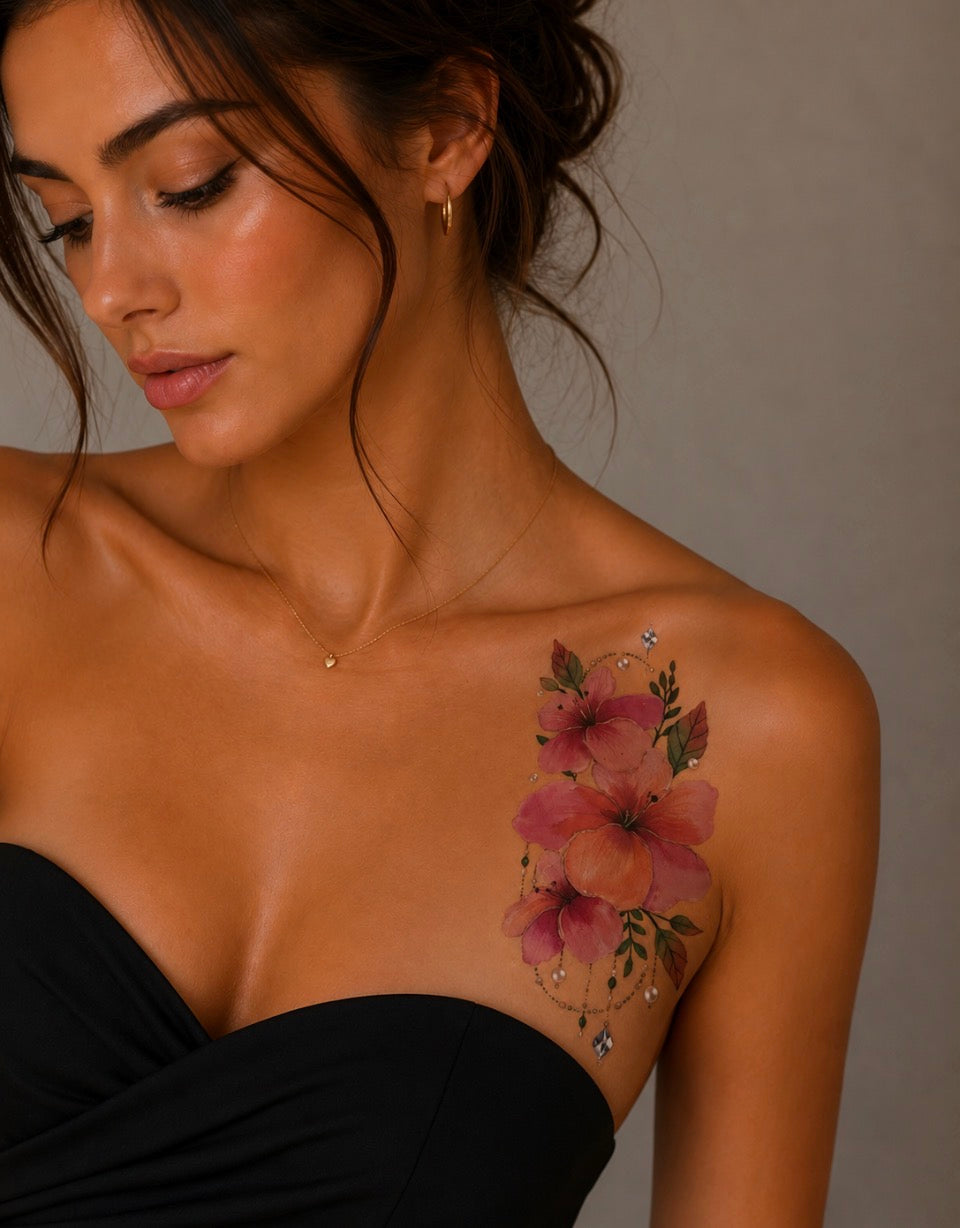 Tatouage éphémère fleurs d'hibiscus rose