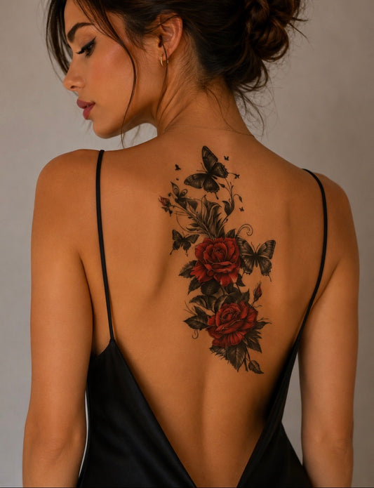 Tatouage éphémère roses rouges et papillons