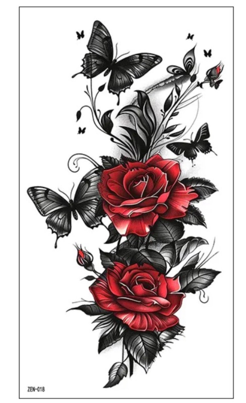 Tatouage éphémère roses rouges et papillons