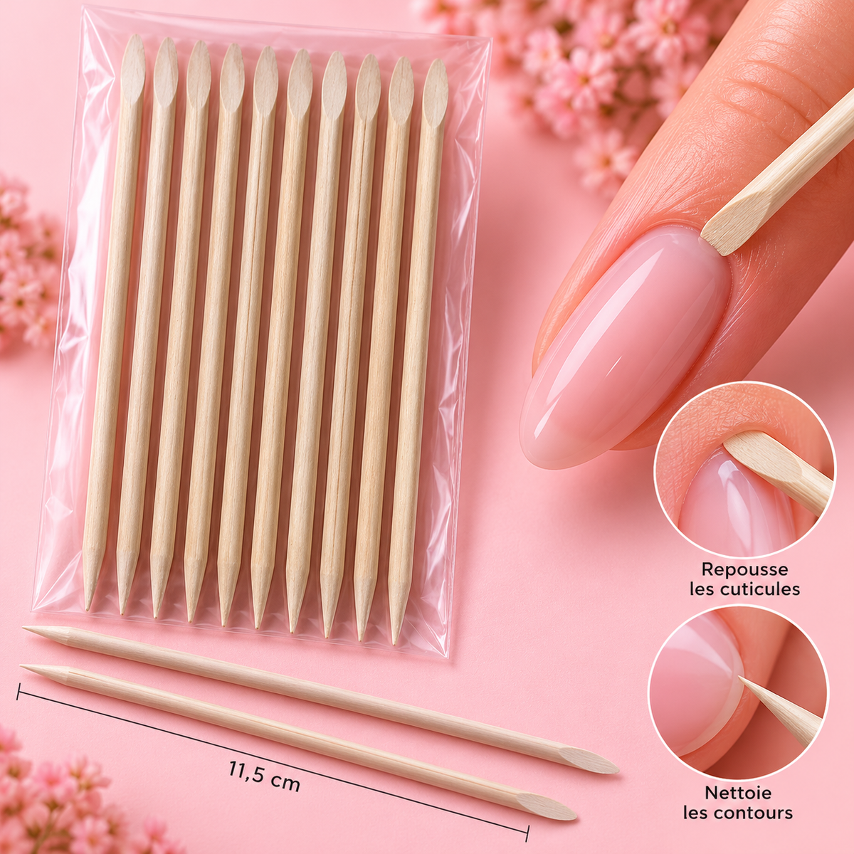 Lot de 10 bâtonnets de buis 11,5 cm – Repousse-cuticules Nail Art