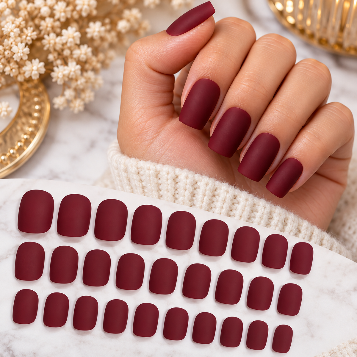 24 capsules carrées courtes bordeaux mat – 12 tailles + accessoires