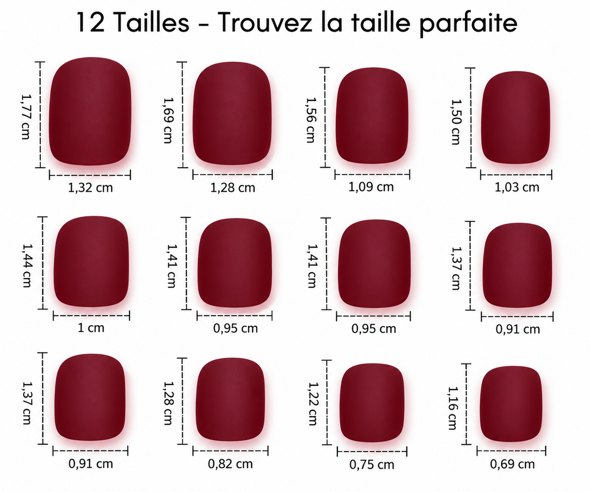 24 capsules carrées courtes bordeaux mat – 12 tailles + accessoires