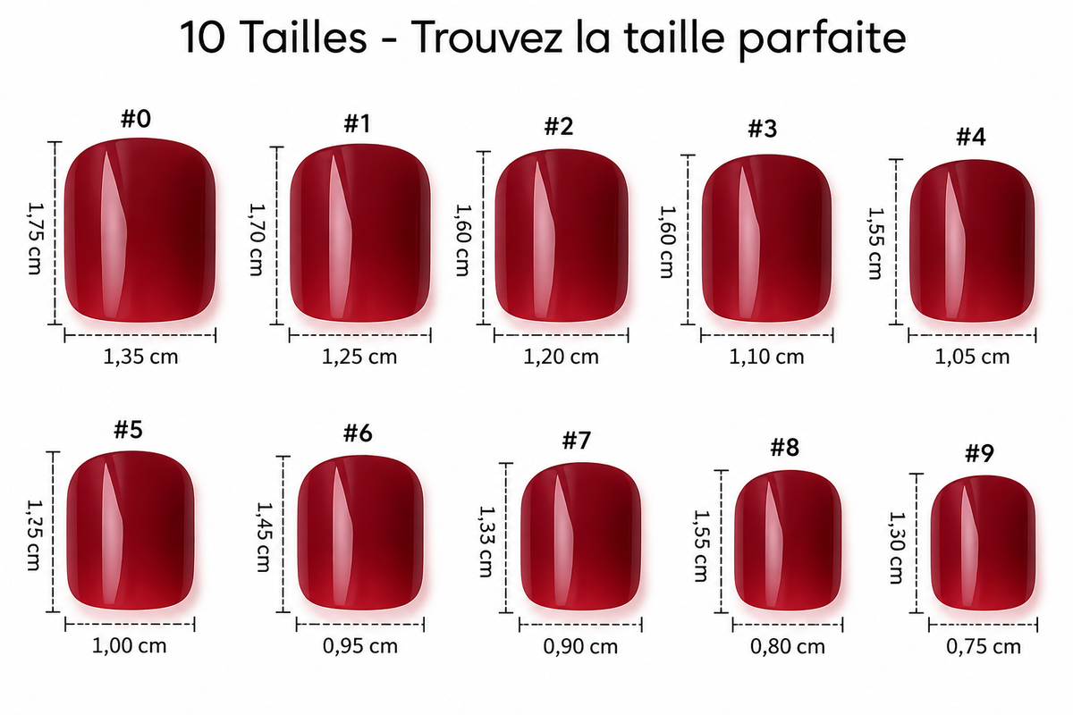 120 capsules carrées courtes lie-de-vin – 10 tailles + accessoires de pose