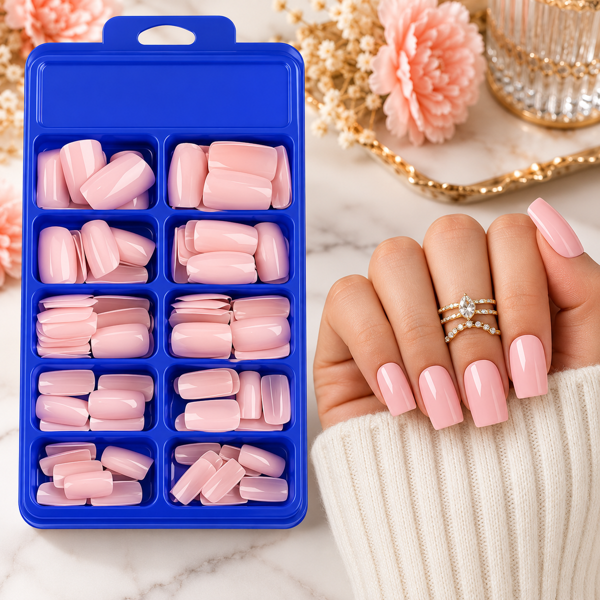 120 capsules carrées roses – 10 tailles avec kit de pose