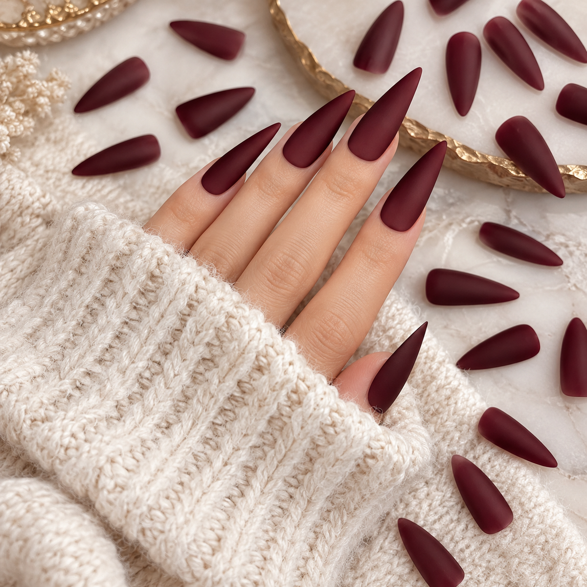 24 capsules stiletto longues bordeaux mat – 12 tailles