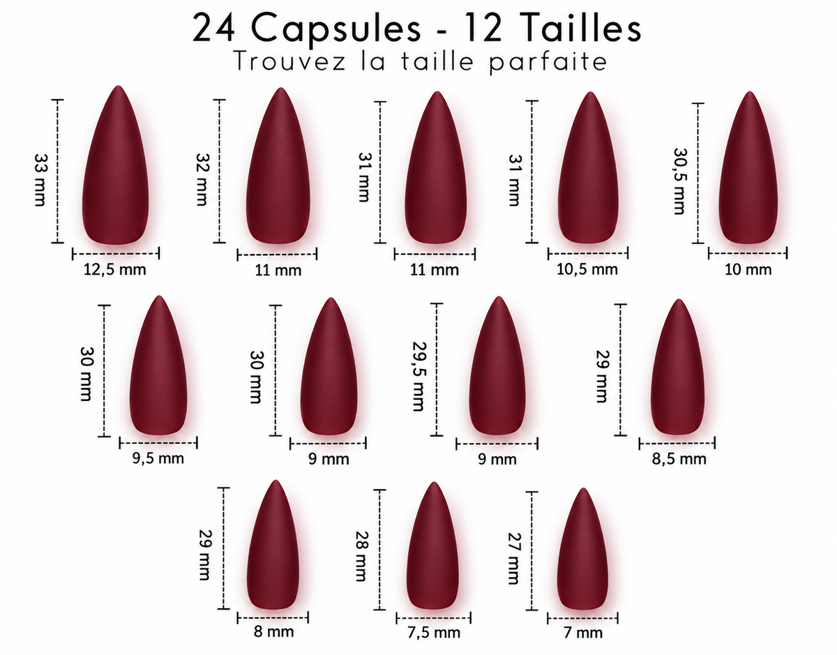 24 capsules stiletto longues bordeaux mat – 12 tailles