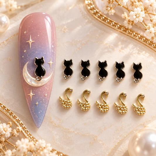 Bijoux d’ongles 3D chats noirs et cygnes dorés – Lot de 10