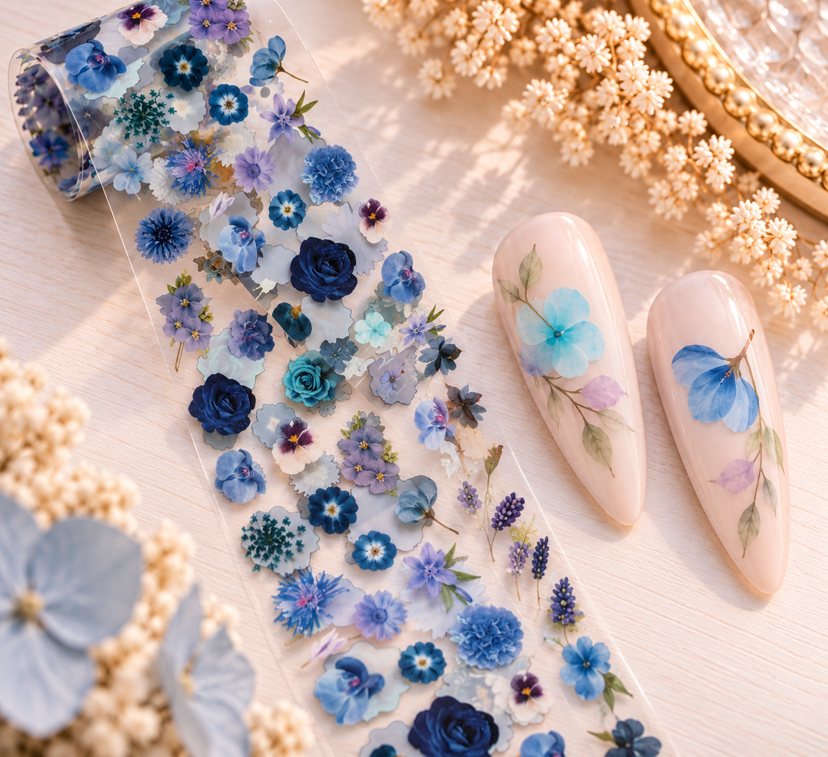 Foil Nail Art – Fleurs bleues et violettes