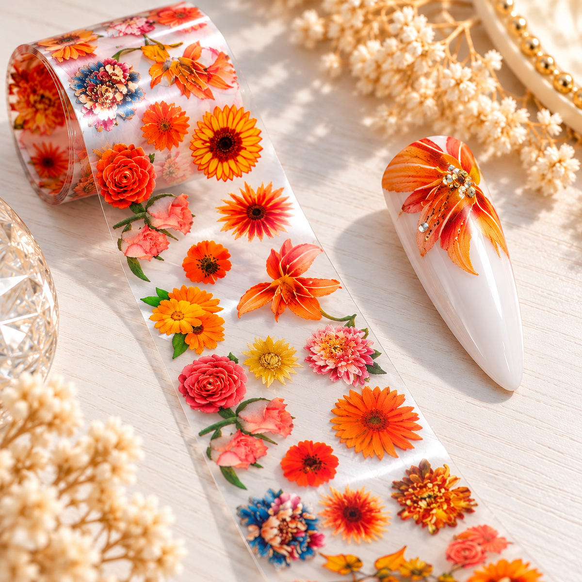 Foil Nail Art – Fleurs orangées et multicolores