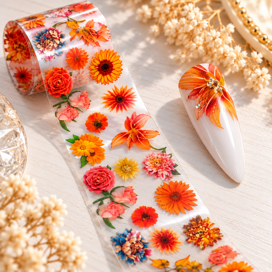 Foil Nail Art – Fleurs orangées et multicolores