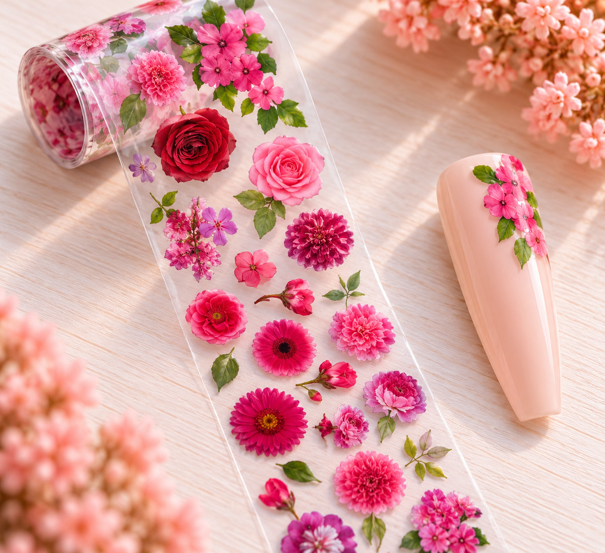 Foil Nail Art – Fleurs roses, fuchsia et rouges