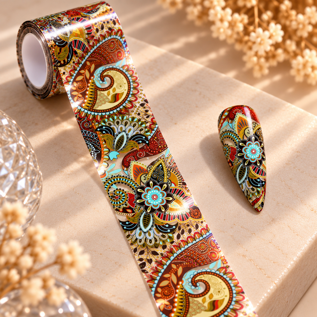 Foil Nail Art Bohème Rétro – Motifs cachemire et fleurs – 1 m