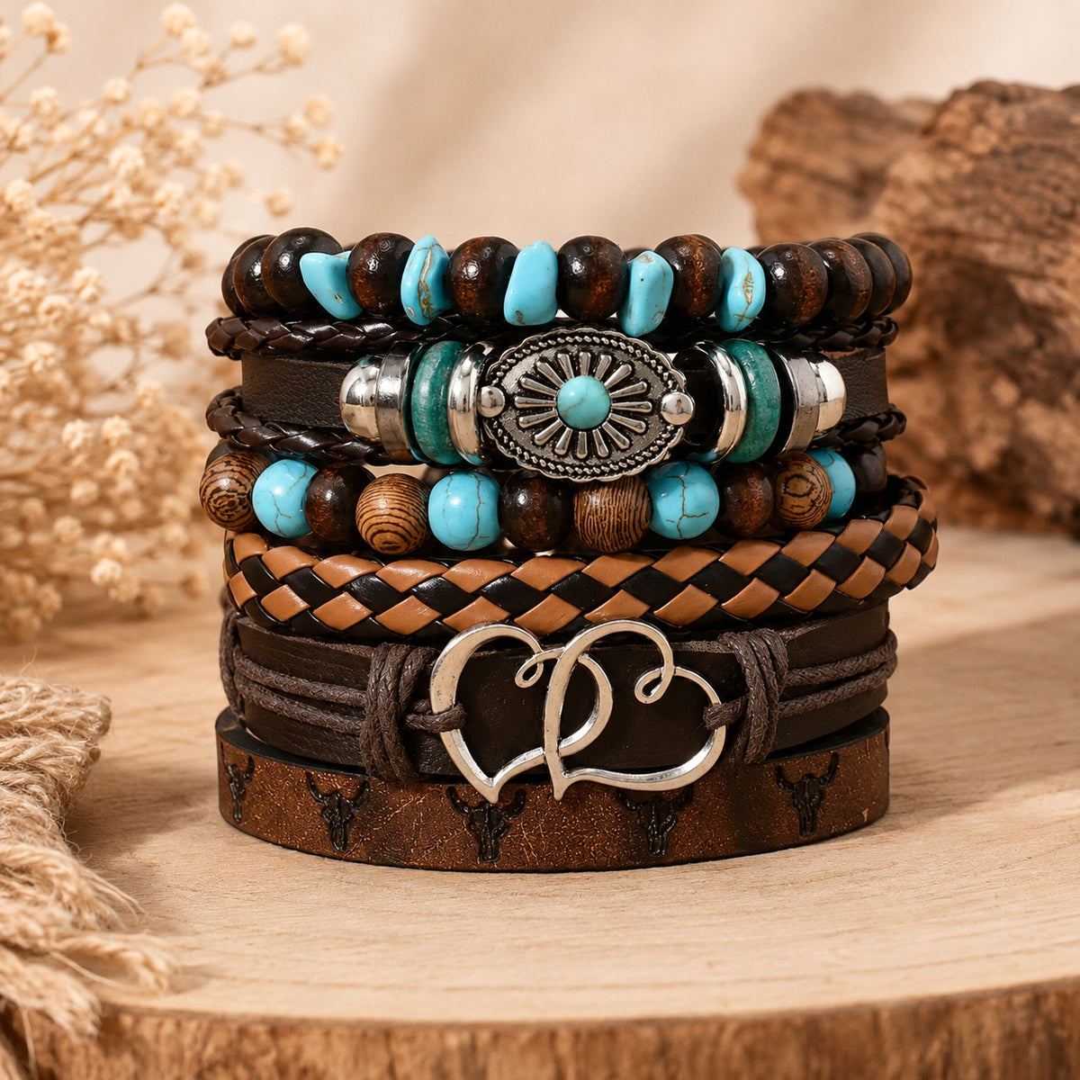 Lot de 6 bracelets bohème – Turquoise & marron – Modèle 1