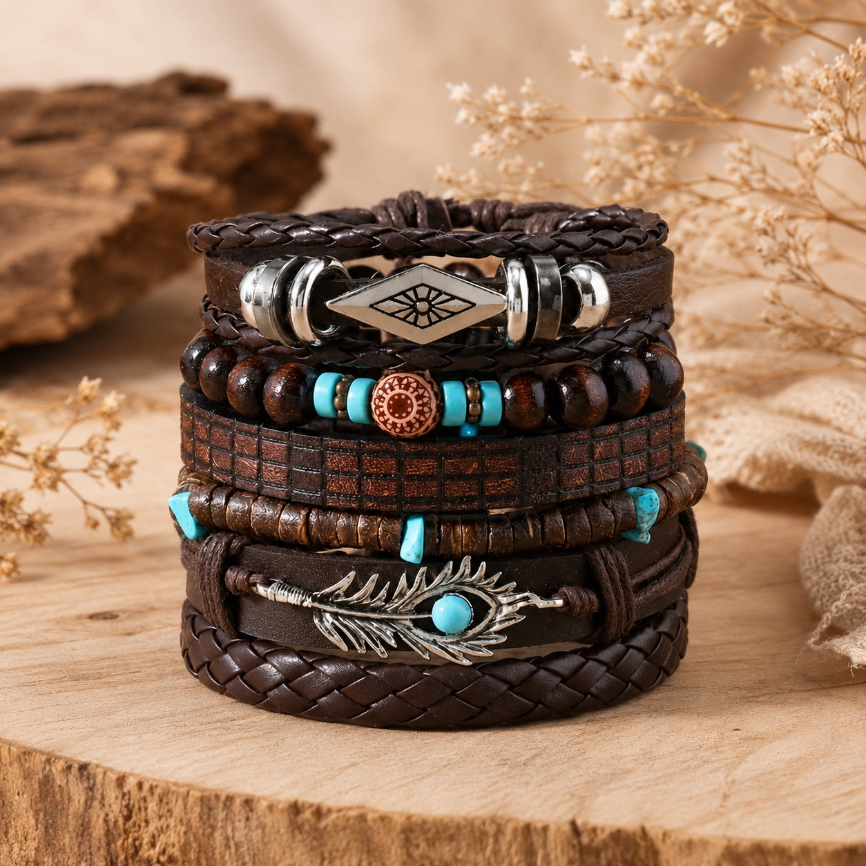 Lot de 6 bracelets bohème – Marron & turquoise – Modèle 2