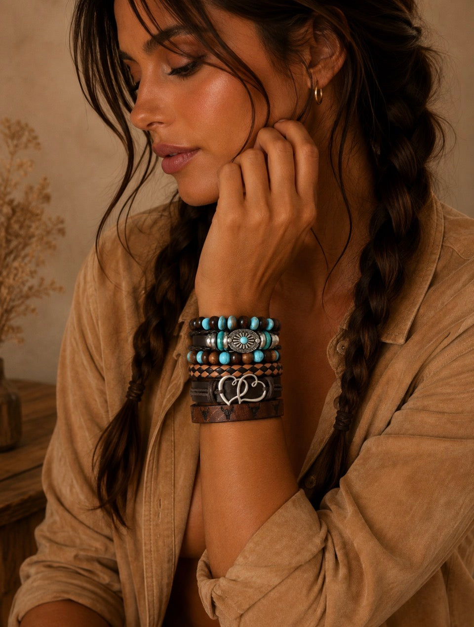 Lot de 6 bracelets bohème – Turquoise & marron – Modèle 1