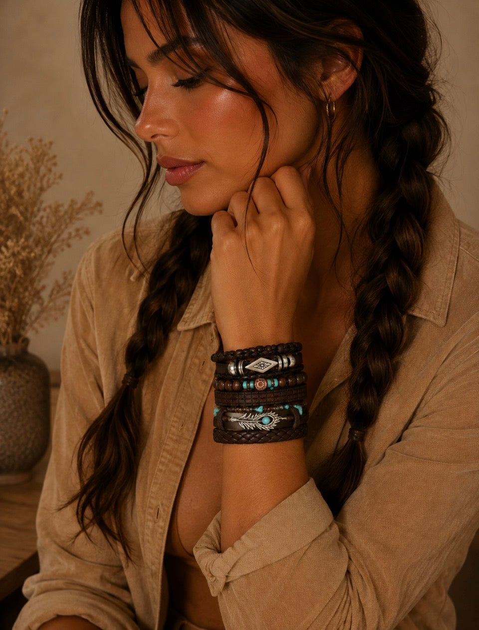 Lot de 6 bracelets bohème – Marron & turquoise – Modèle 2