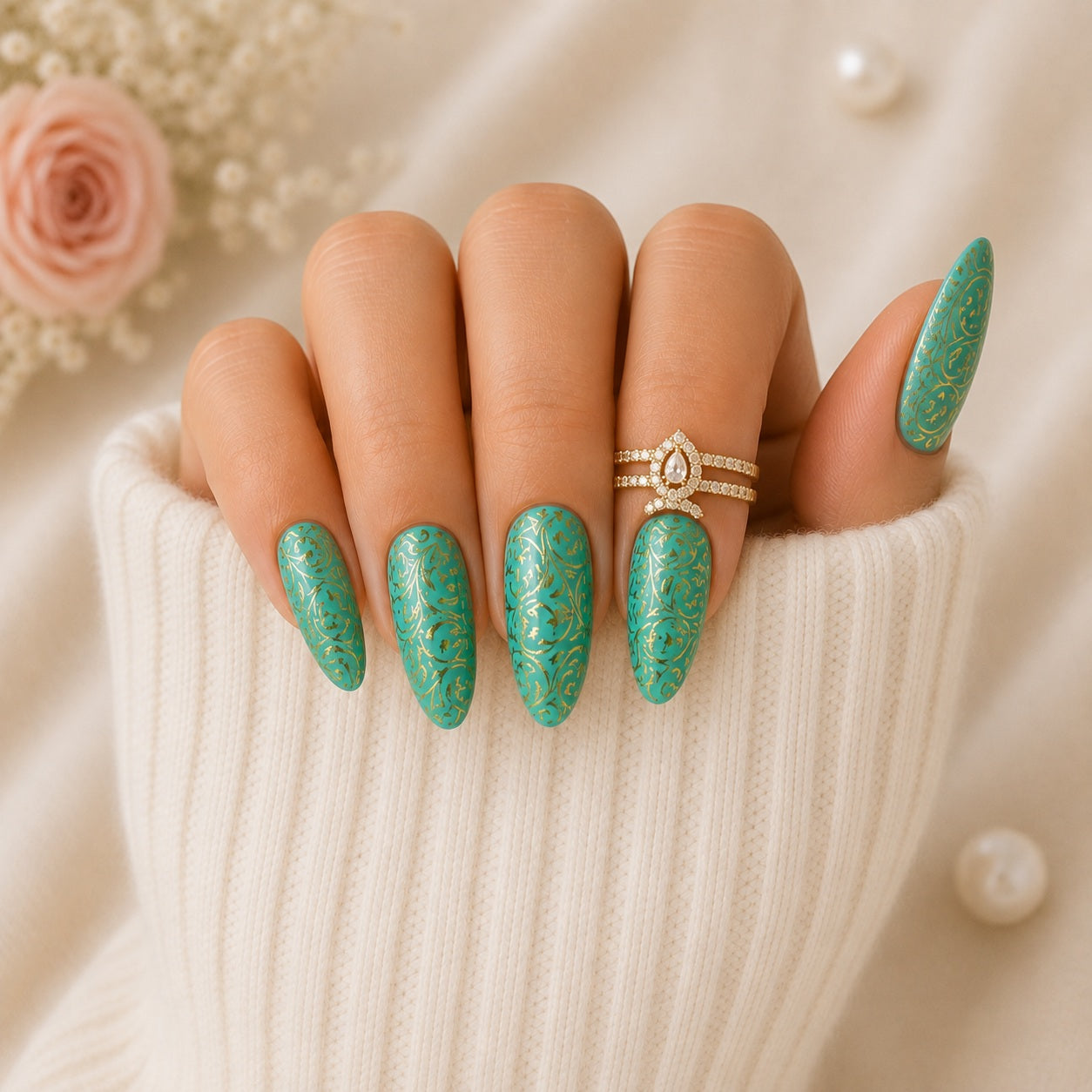 Victoria turquoise – Arabesques dorées – Amande M